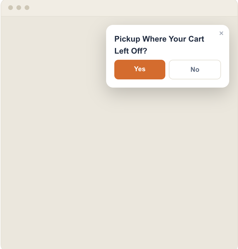Return-visitor popup welcoming someone back with a tailored offer